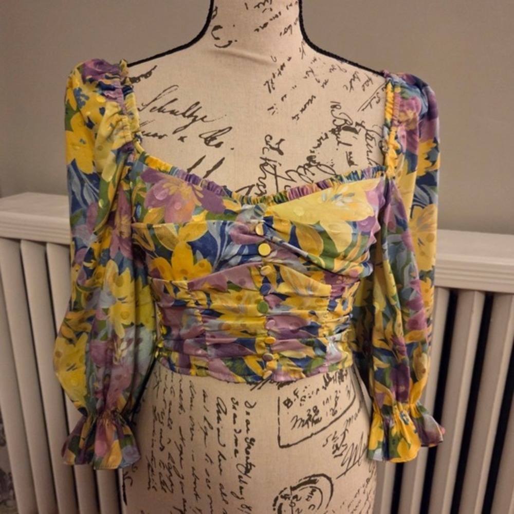 For Love & Lemons Cassia Blue Yellow Purple‎ Floral Print Cropped Top, Sz XS - Picture 2 of 12